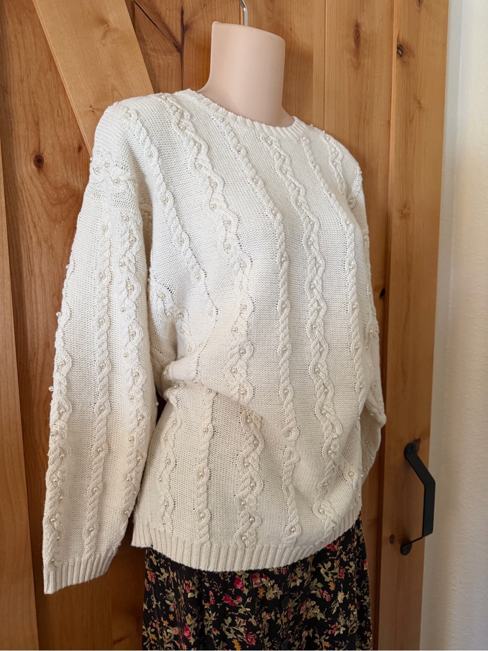 VTG 90s Leslie Fay Pearl Cable Knit Ramie Cotton Oversized Sweater Cottagecore S - Picture 5 of 15